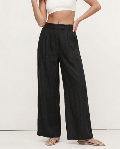 Lavisa - High Waisted Pleated Wide Leg Linen Pants