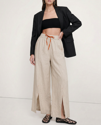 Lavisa - Drawstring Wide Leg Linen Blend Pants