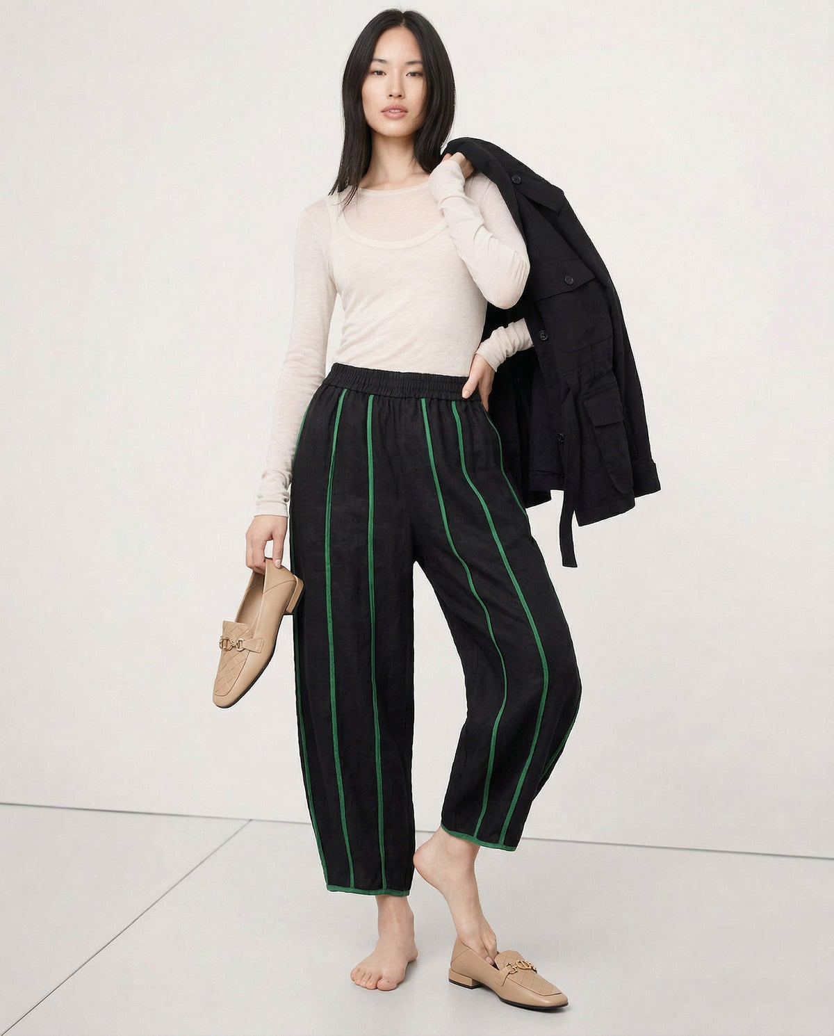 Lavisa - Green Stripe Linen Wide Leg Pants