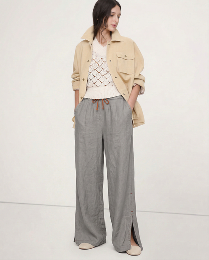 Lavisa - Drawstring Wide Leg Linen Blend Pants