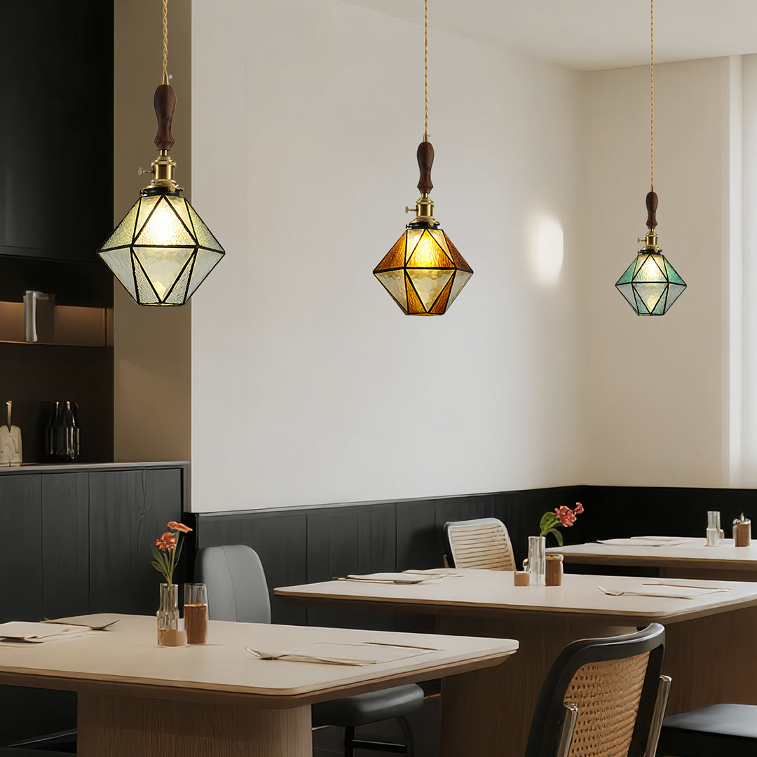 Lavisa - Geometric Diamond Glass Pendant Light with Brass and Wood