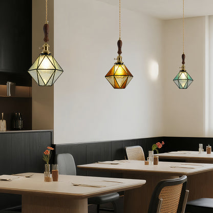 Lavisa - Geometric Diamond Glass Pendant Light with Brass and Wood