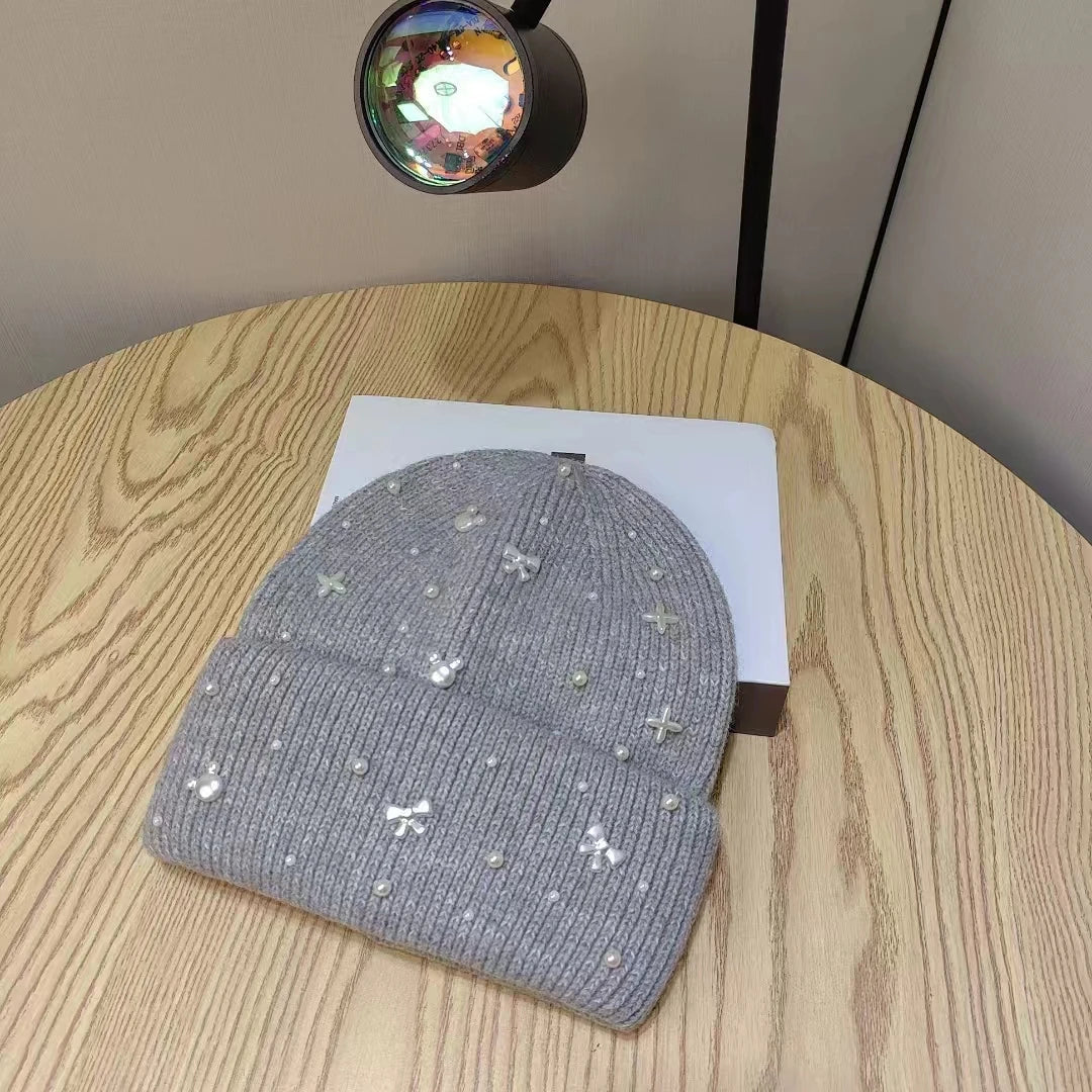 Lavisa - Pearl Accent Knit Beanie Winter Hat