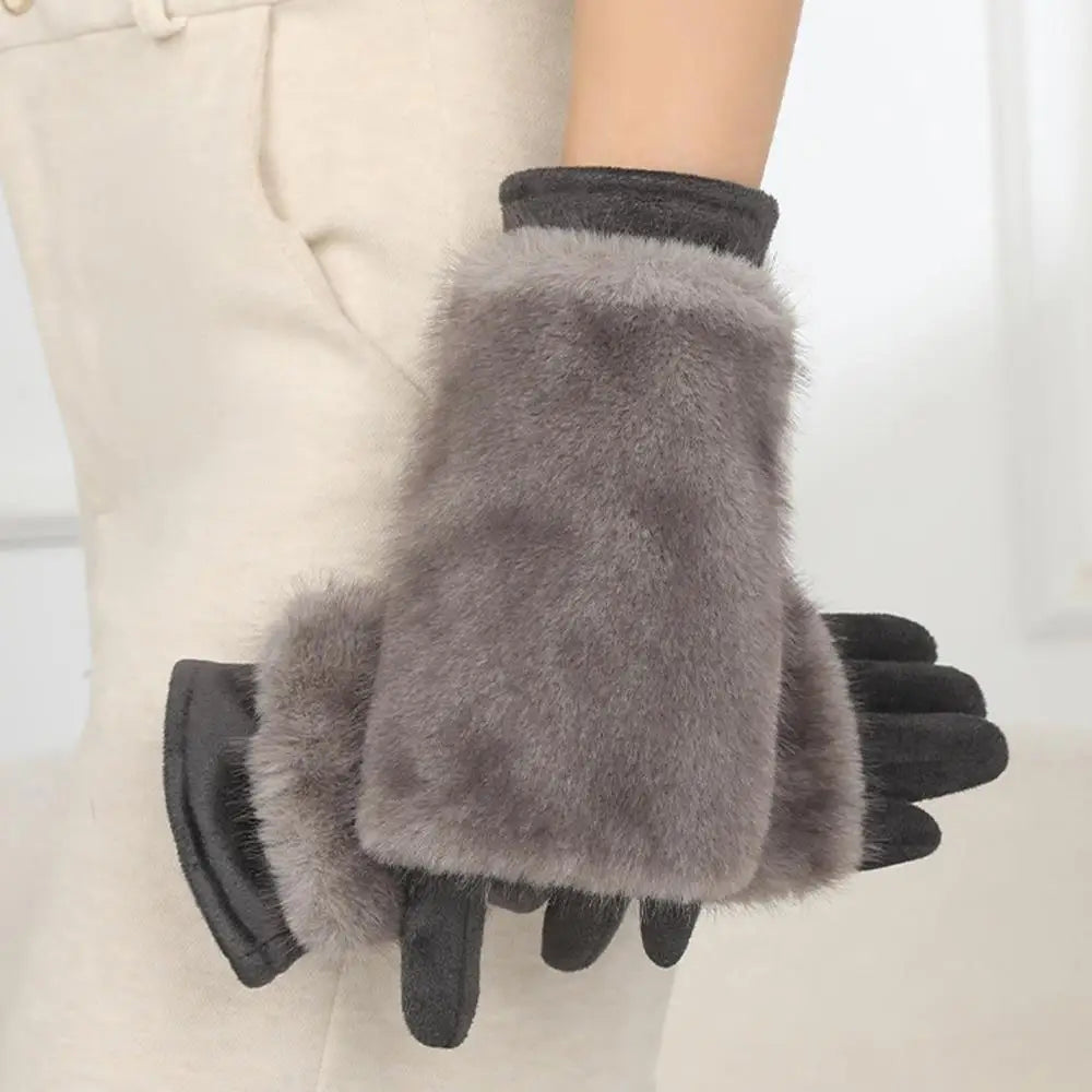 Lavisa - Suede Touchscreen Winter Gloves with Rabbit Fur Trim