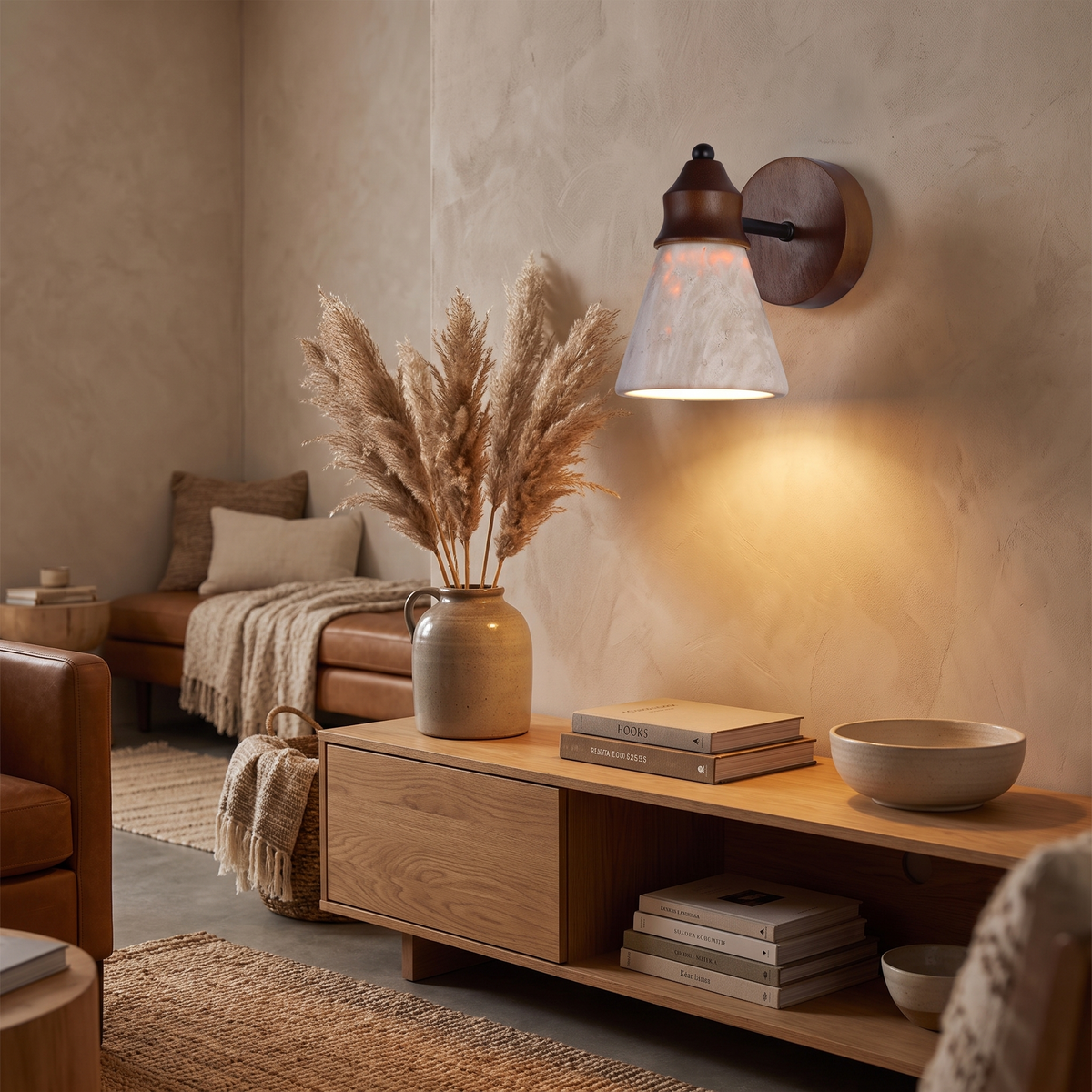 Lavisa - Travertine and Wood Wall Sconce Down Light