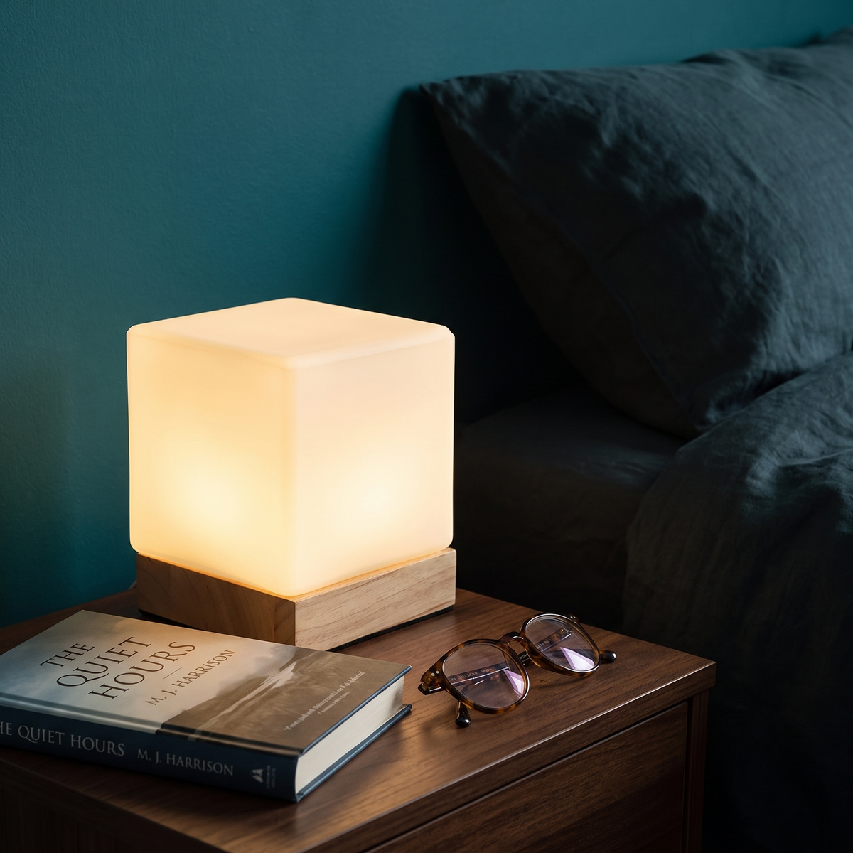 Square Wood Cube Cordless Table Lamp