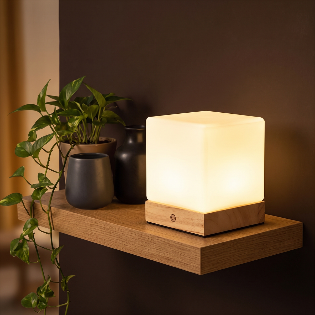 Square Wood Cube Cordless Table Lamp