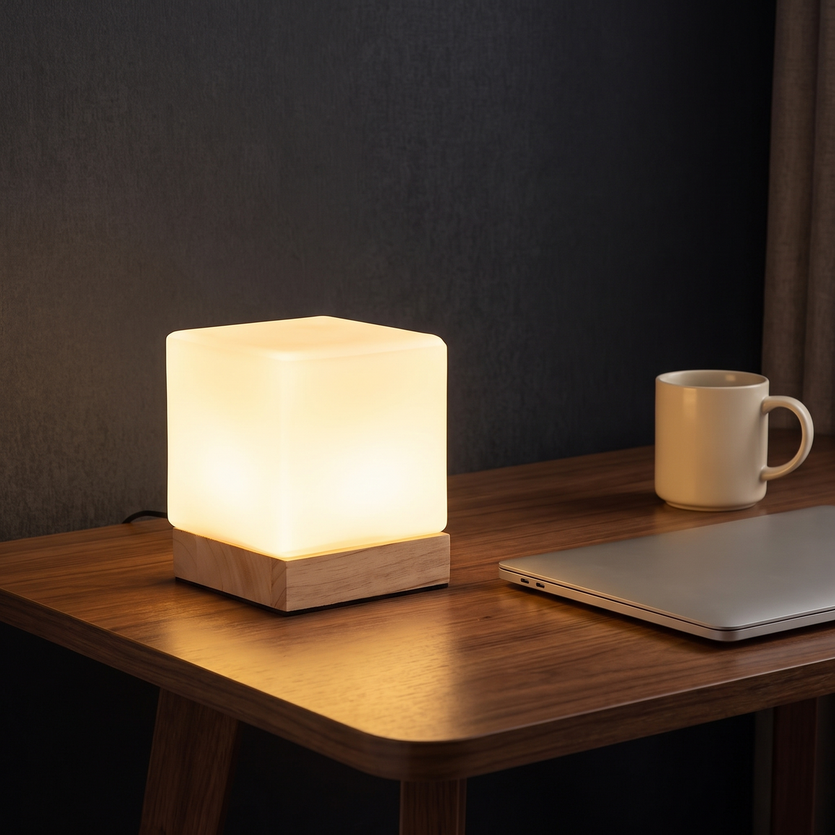 Square Wood Cube Cordless Table Lamp