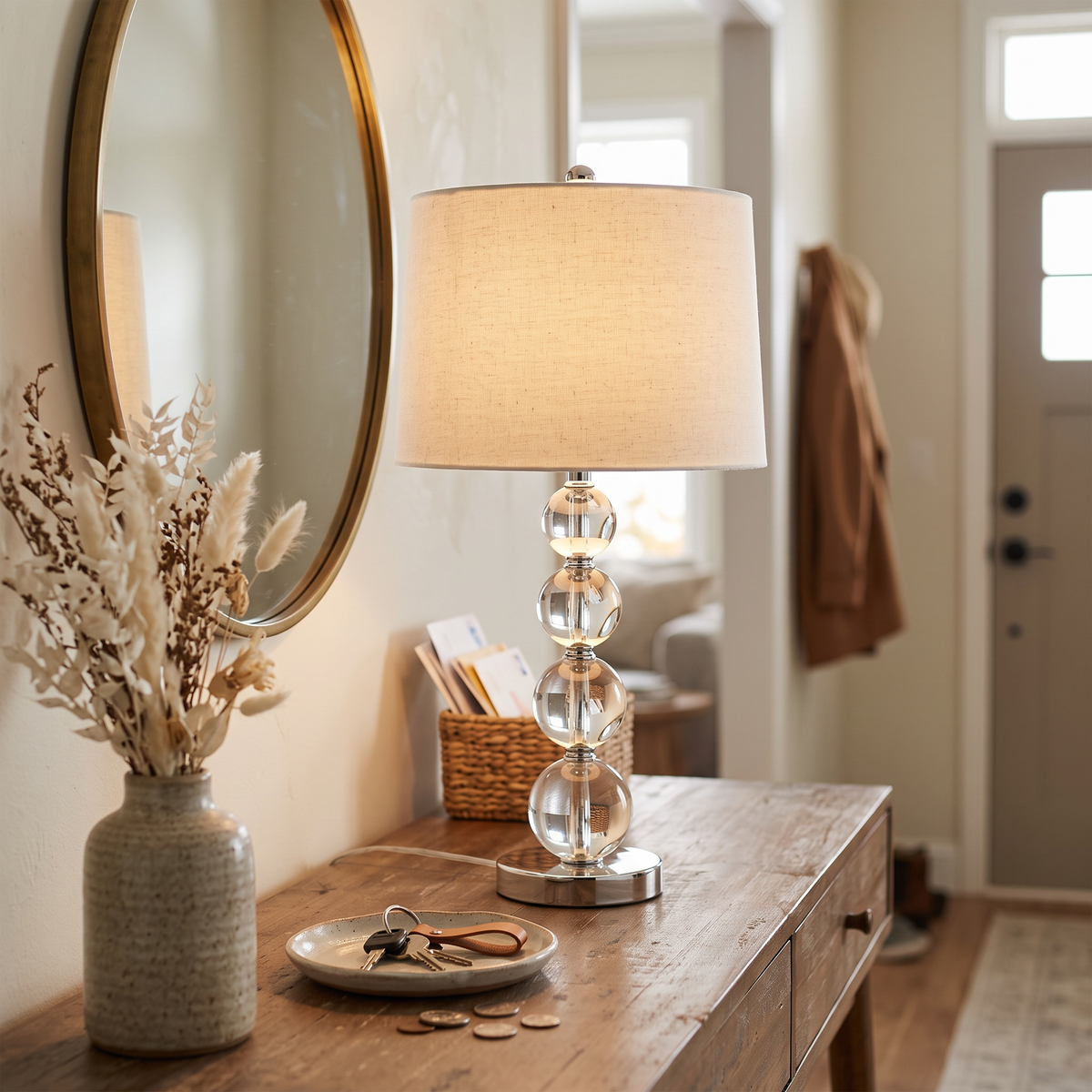 Crystal Ball Table Lamp with Fabric Drum Shade
