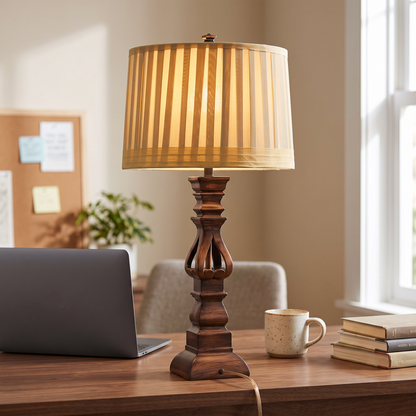 Vintage Wood Tower Table Lamp with Striped Shade