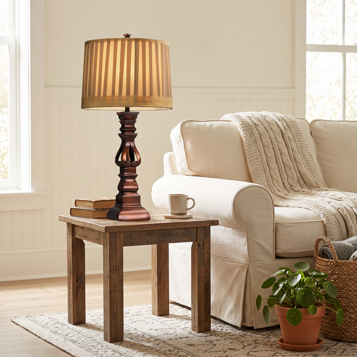 Vintage Wood Tower Table Lamp with Striped Shade