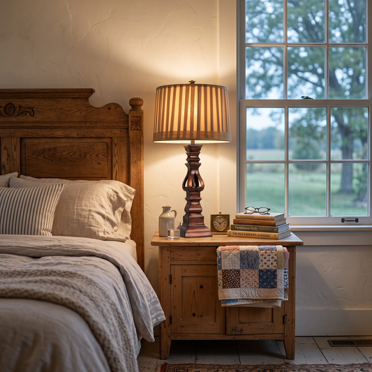Lavisa - Vintage Wood Tower Table Lamp with Striped Shade