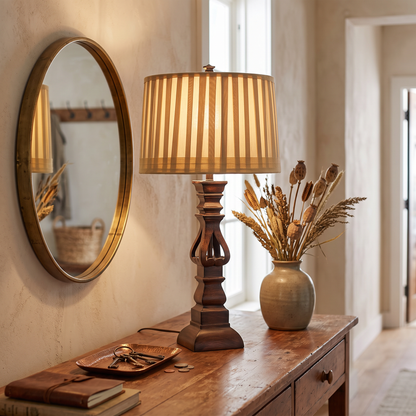 Vintage Wood Tower Table Lamp with Striped Shade