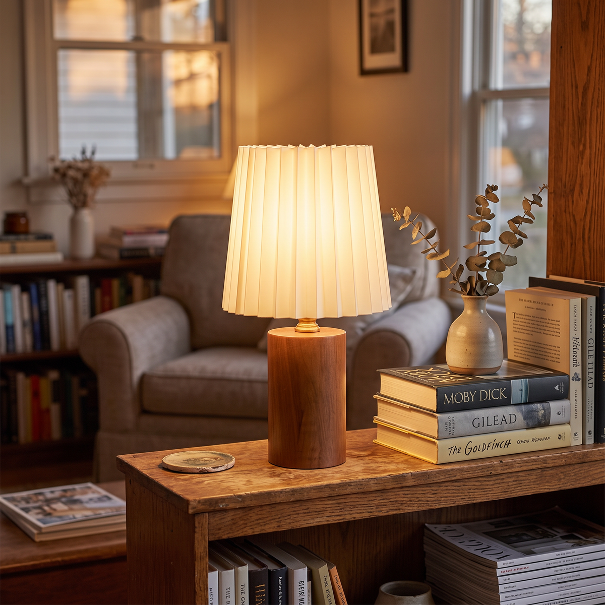 Lavisa - Wood Column Table Lamp with Pleated Shade