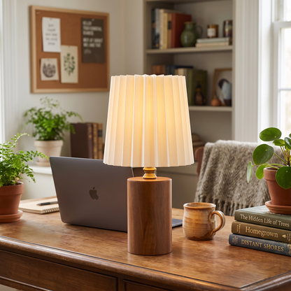 Lavisa - Wood Column Table Lamp with Pleated Shade