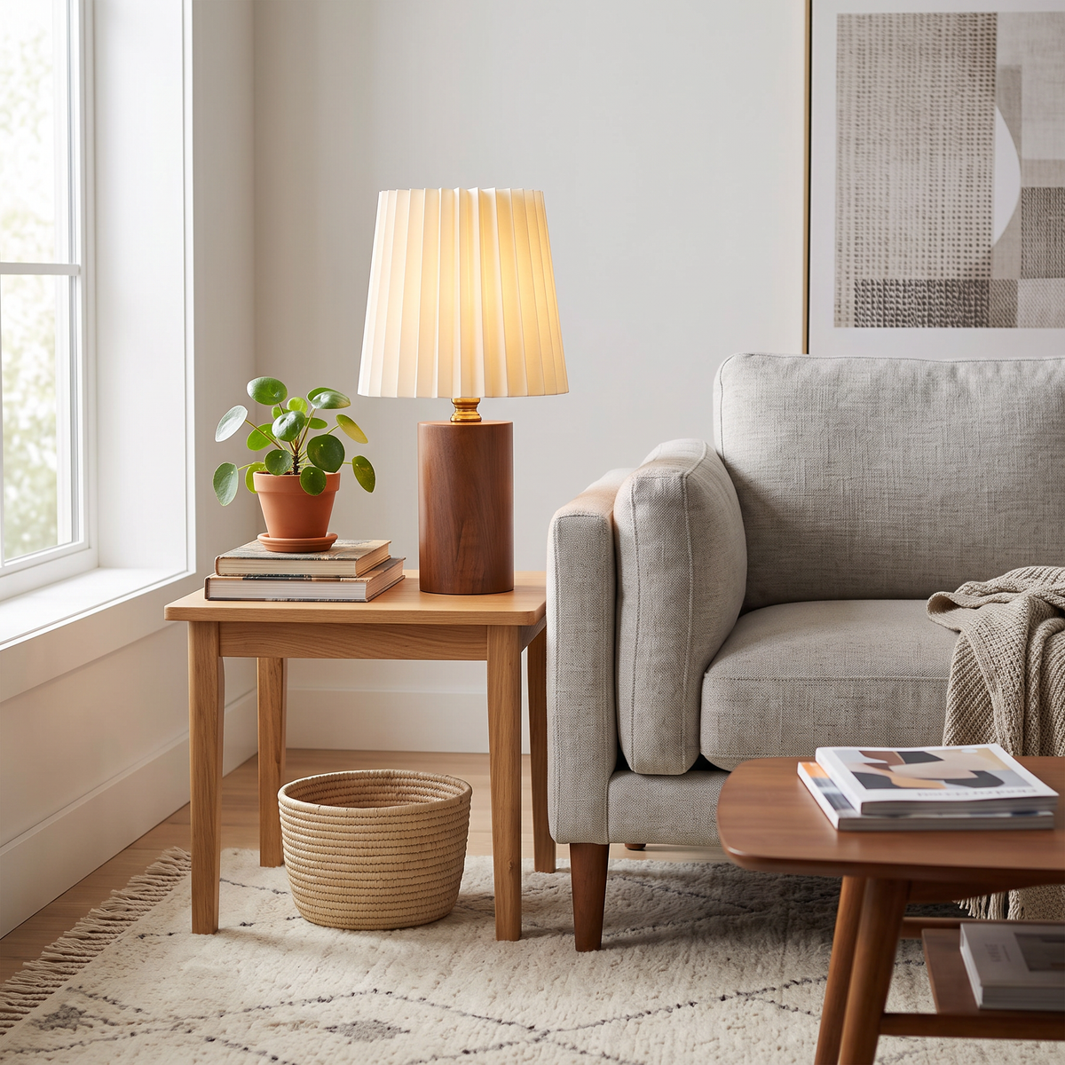 Lavisa - Wood Column Table Lamp with Pleated Shade