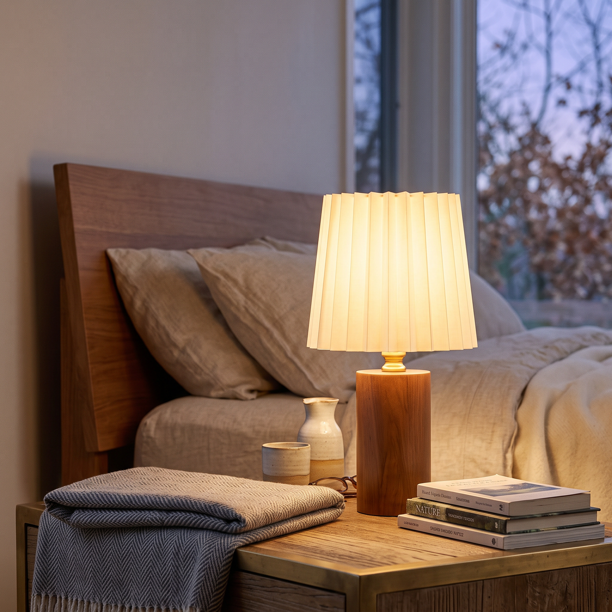 Lavisa - Wood Column Table Lamp with Pleated Shade