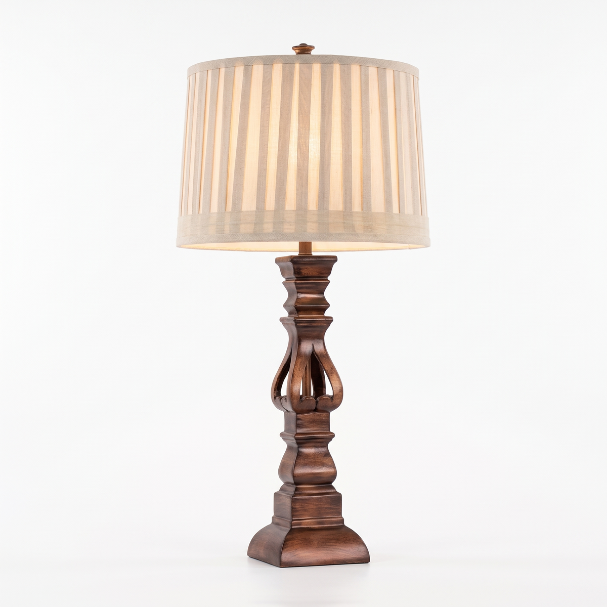 Vintage Wood Tower Table Lamp with Striped Shade