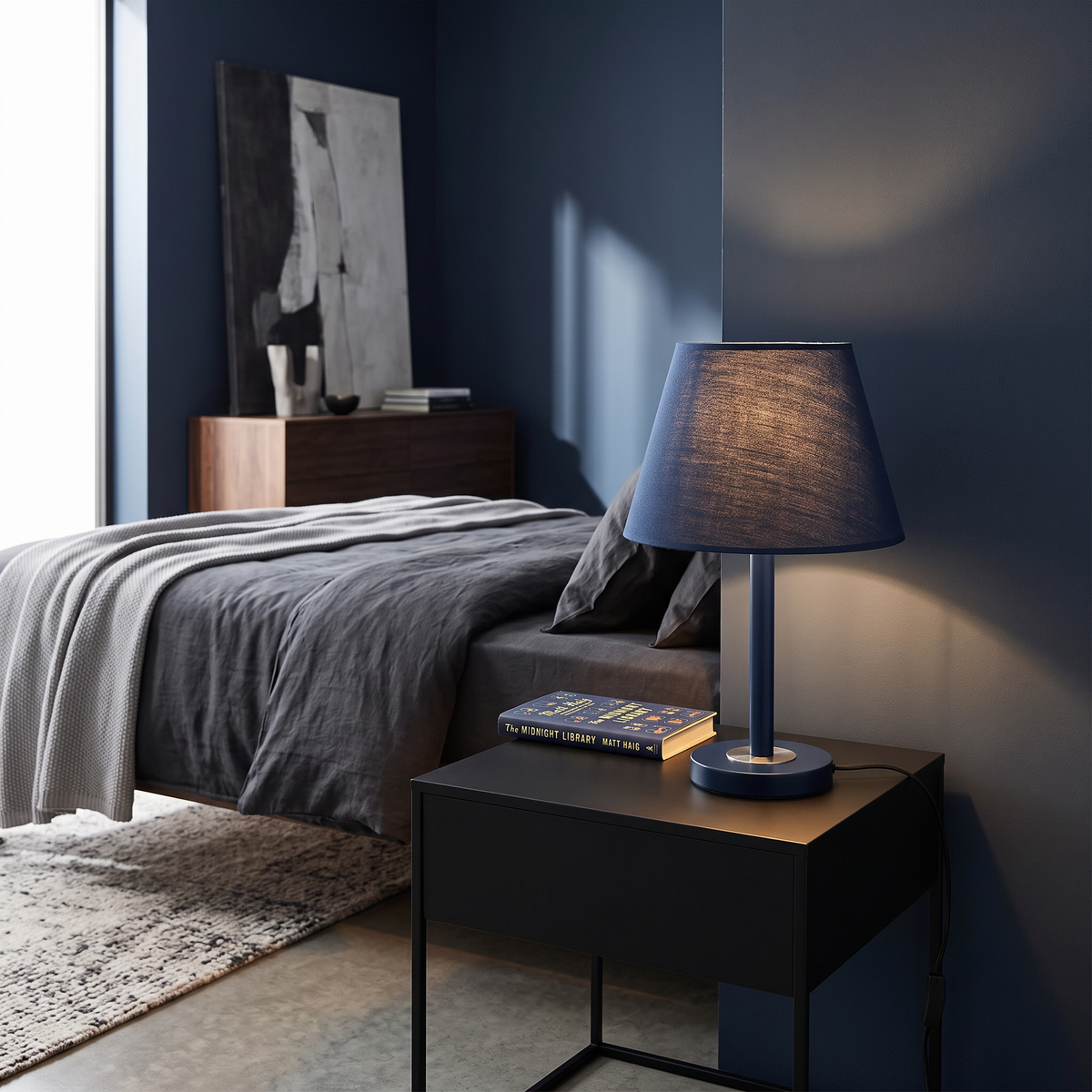 Lavisa - Dark Blue Fabric Shade Table Lamp for Bedroom and Living Room