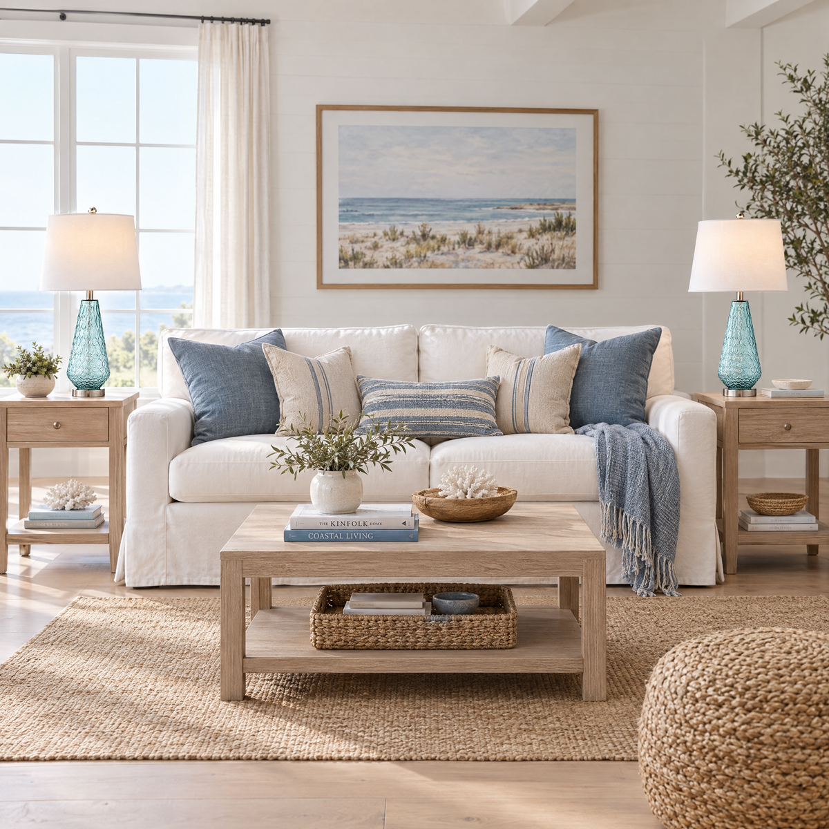 Lavisa - Coastal Blue Glass Table Lamps Set of Two with Linen Shades