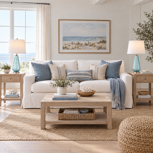 Lavisa - Coastal Blue Glass Table Lamps Set of Two with Linen Shades