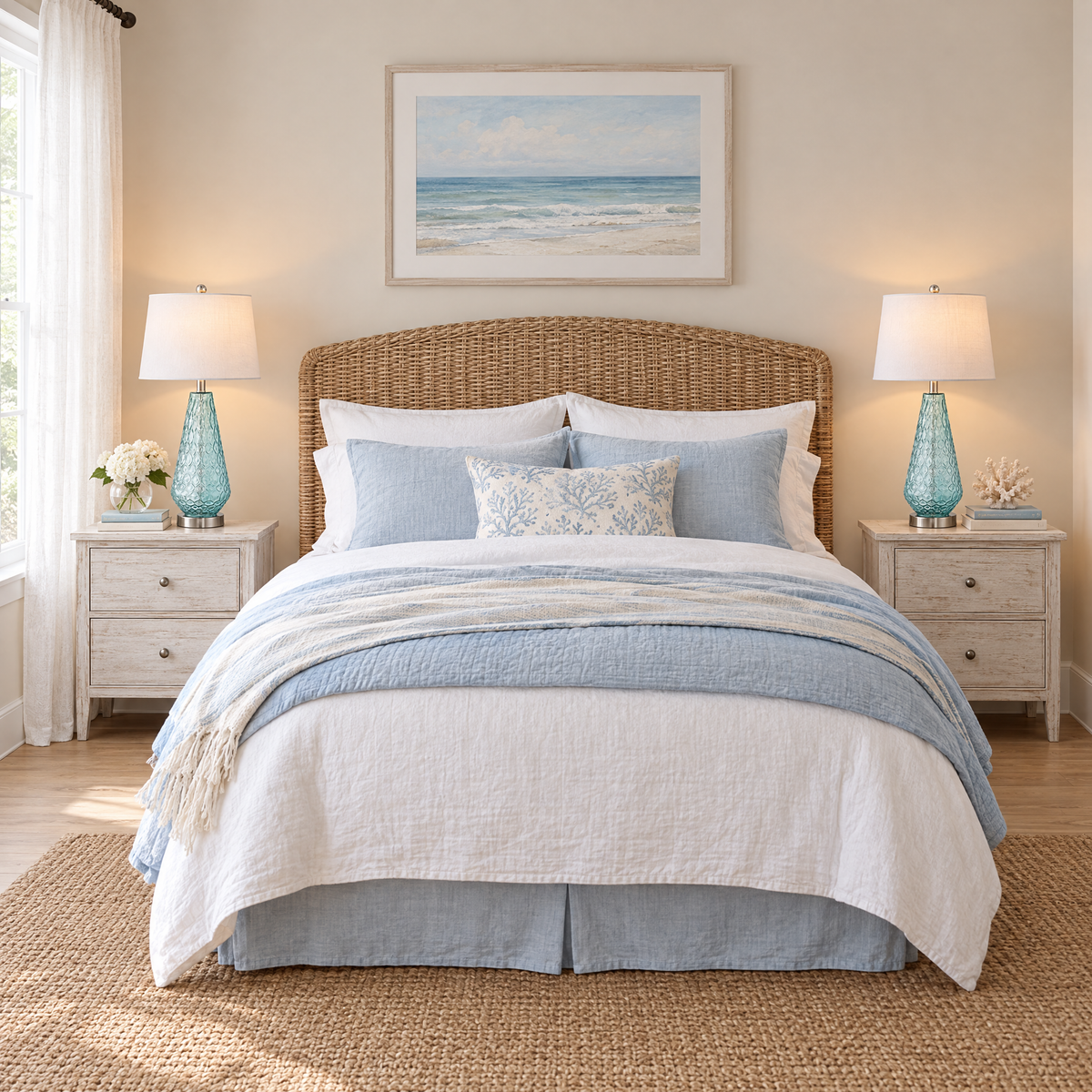 Lavisa - Coastal Blue Glass Table Lamps Set of Two with Linen Shades