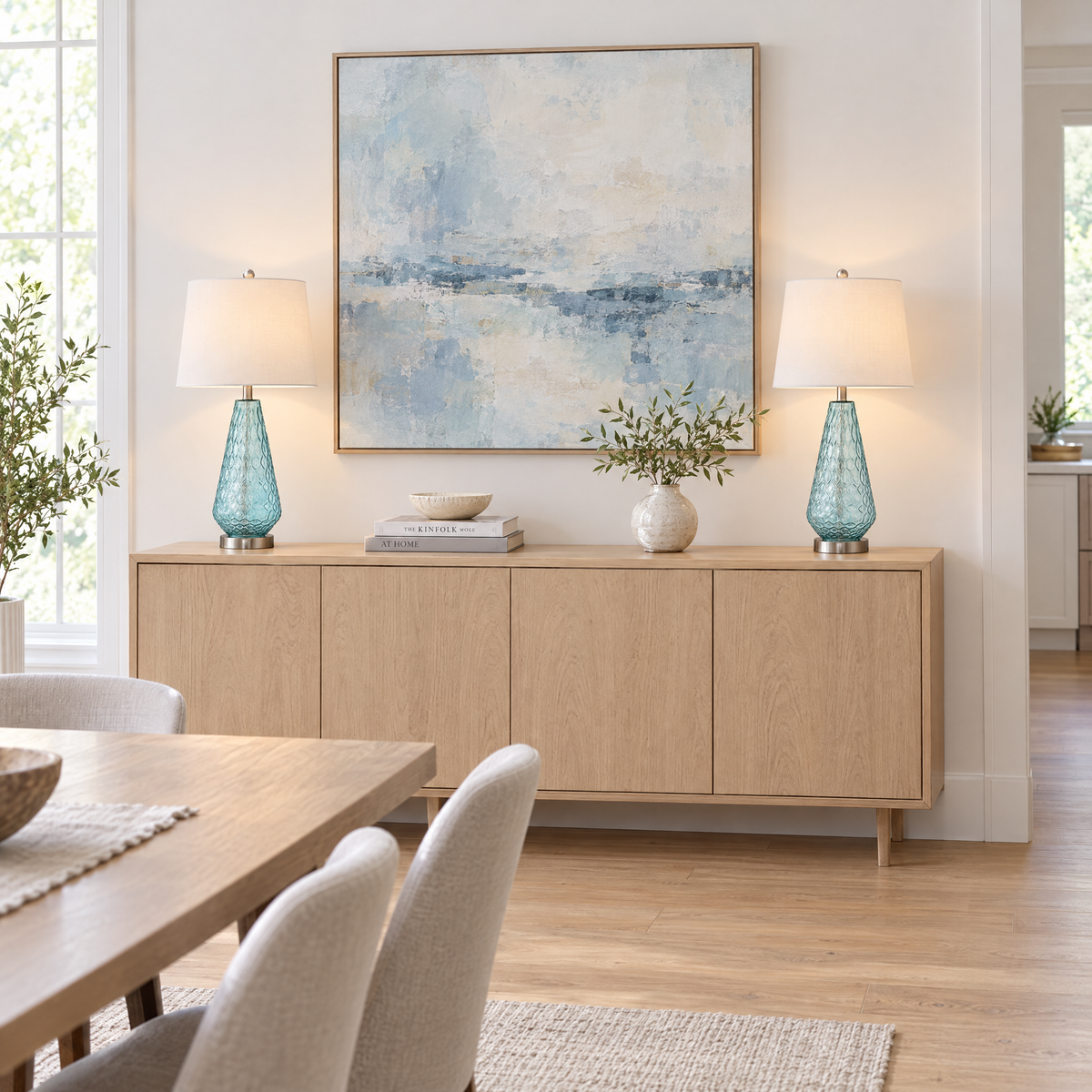 Lavisa - Coastal Blue Glass Table Lamps Set of Two with Linen Shades