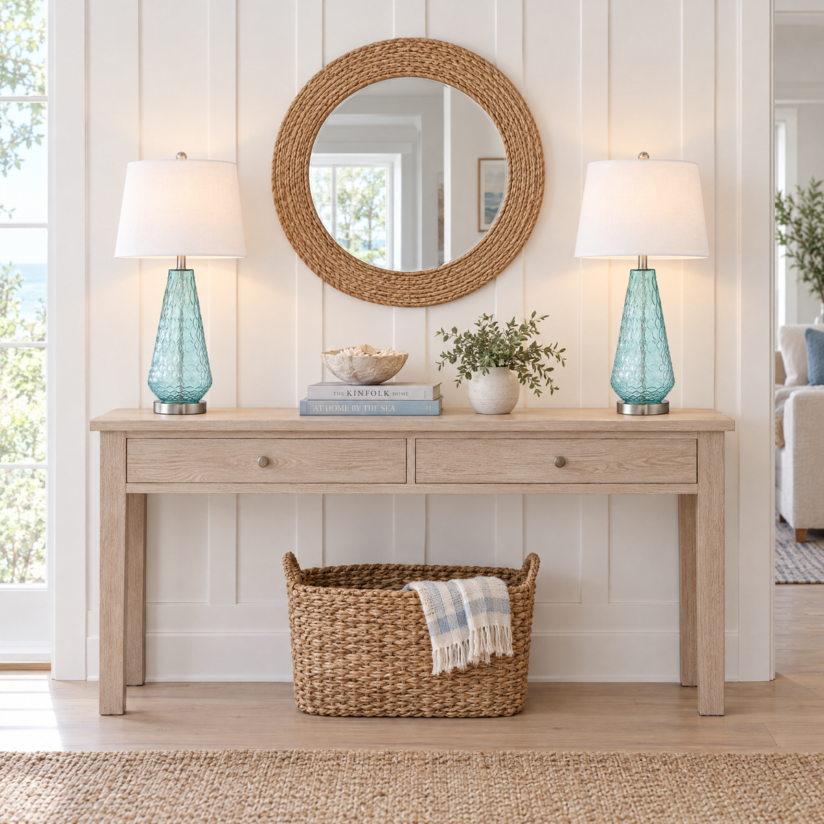 Lavisa - Coastal Blue Glass Table Lamps Set of Two with Linen Shades