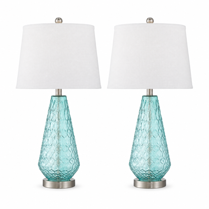 Lavisa - Coastal Blue Glass Table Lamps Set of Two with Linen Shades
