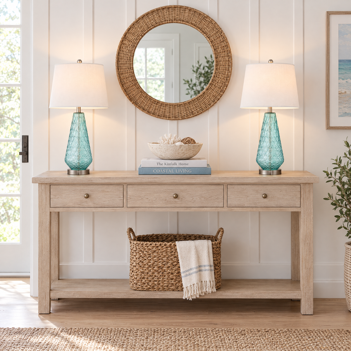 Lavisa - Coastal Blue Glass Table Lamps Set of Two with Linen Shades