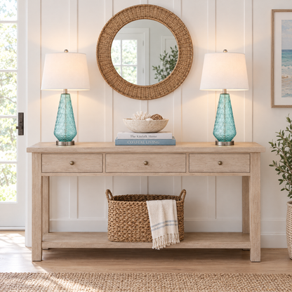 Lavisa - Coastal Blue Glass Table Lamps Set of Two with Linen Shades