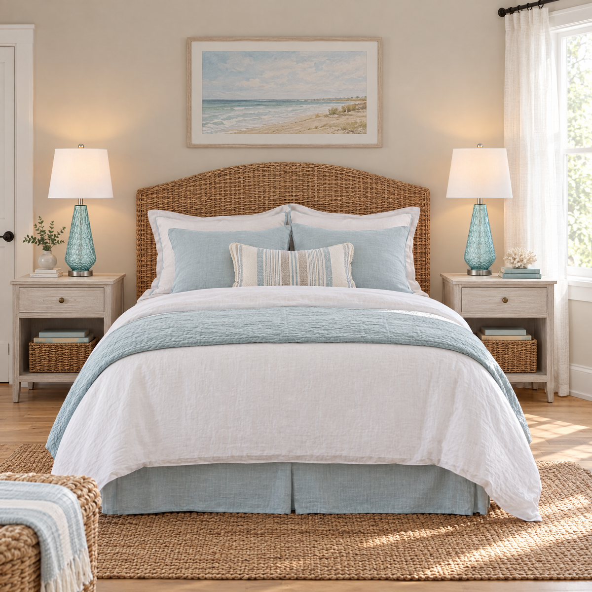 Lavisa - Coastal Blue Glass Table Lamps Set of Two with Linen Shades