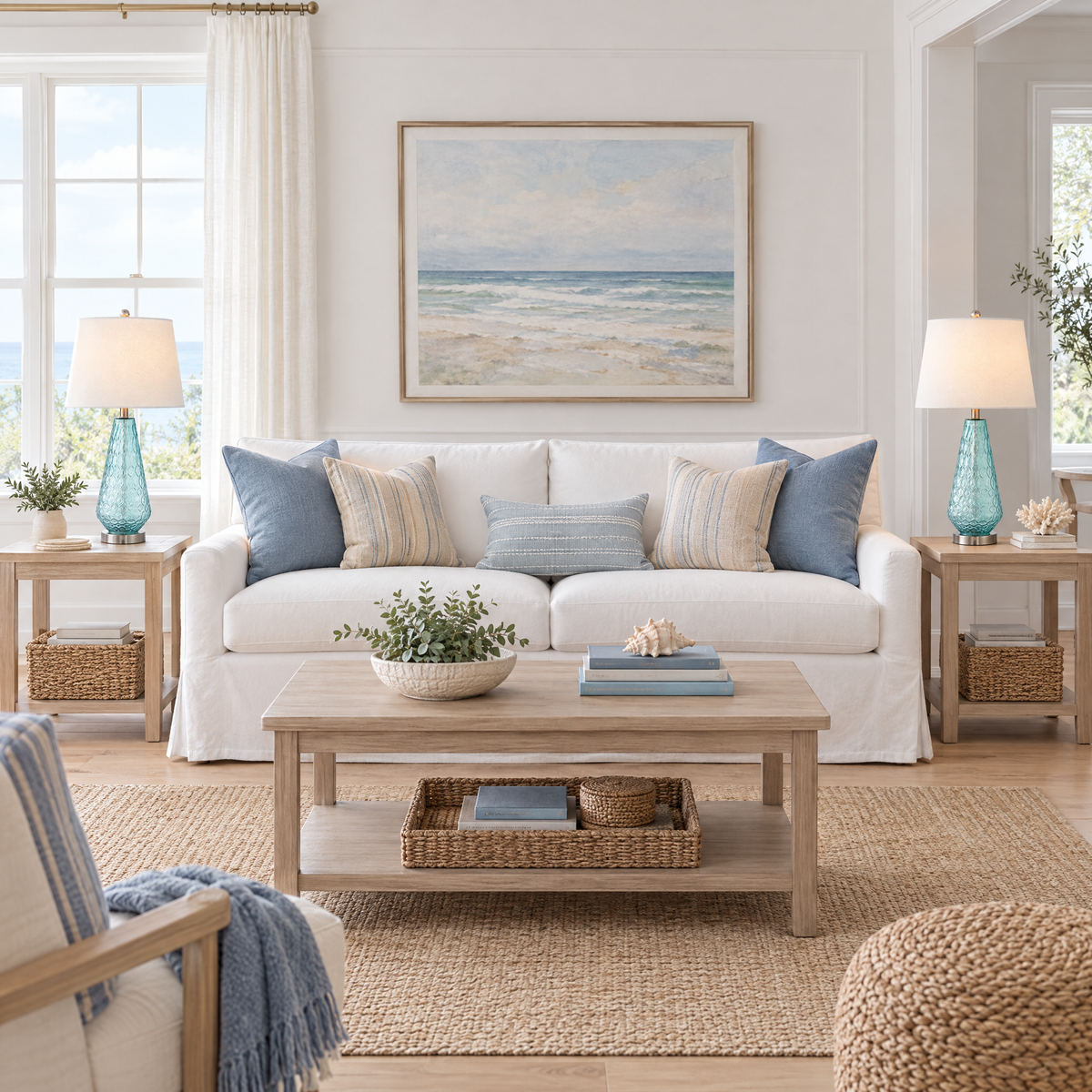 Lavisa - Coastal Blue Glass Table Lamps Set of Two with Linen Shades