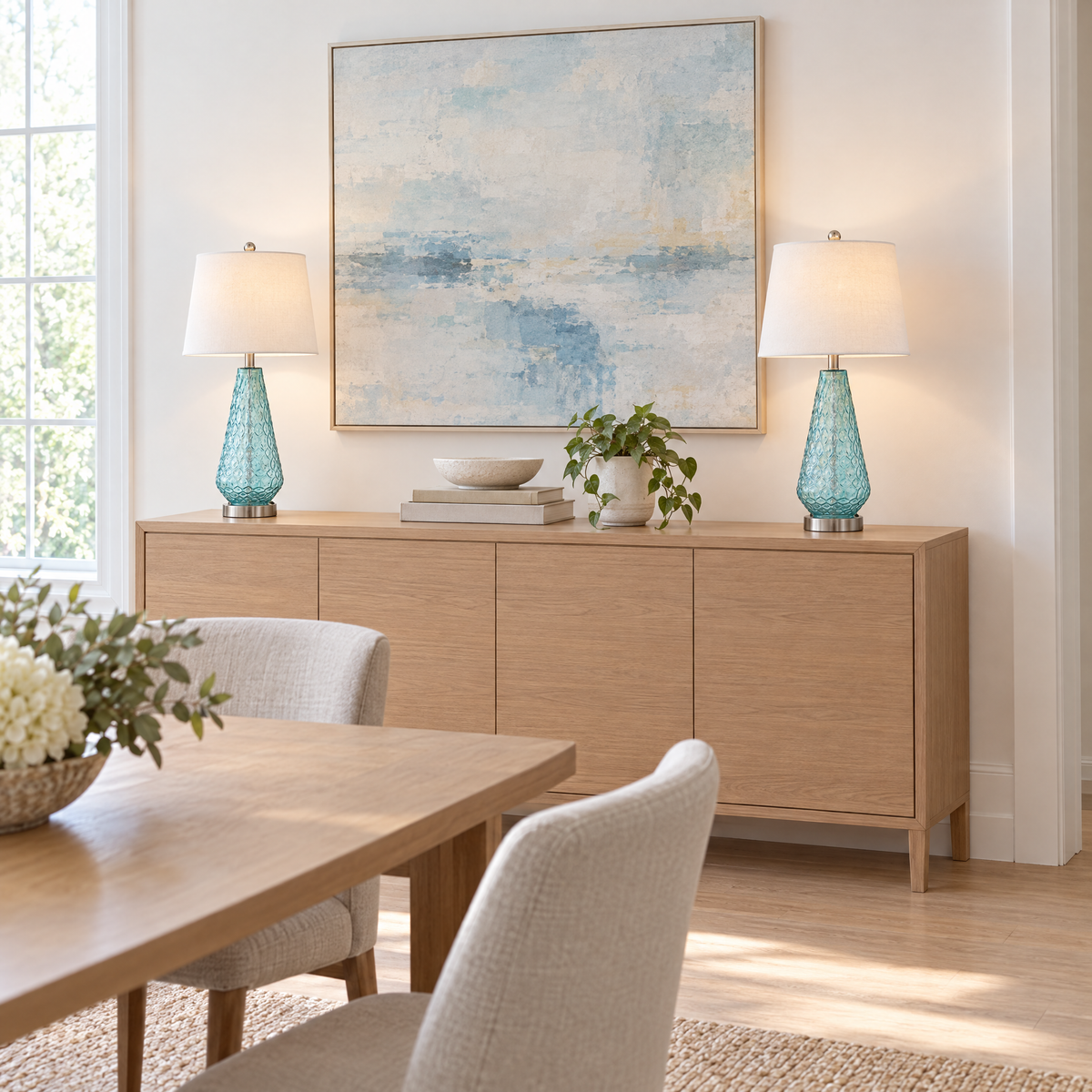 Lavisa - Coastal Blue Glass Table Lamps Set of Two with Linen Shades