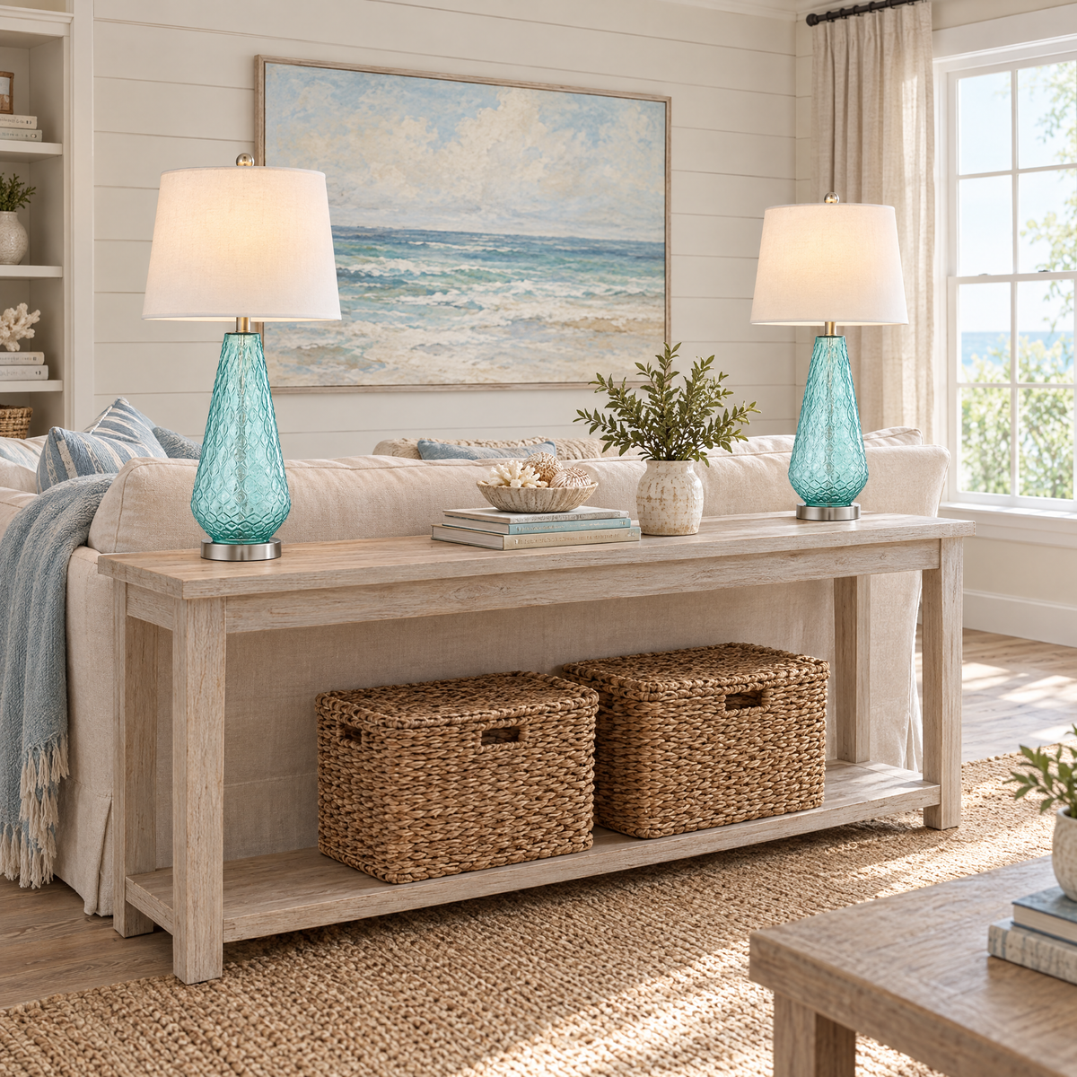 Lavisa - Coastal Blue Glass Table Lamps Set of Two with Linen Shades