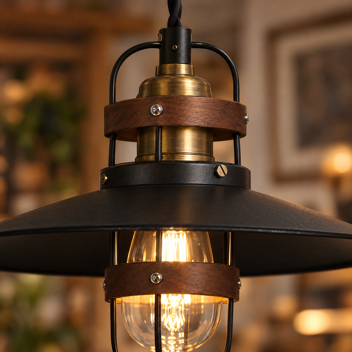 Lavisa - Vintage Iron Farmhouse Pendant Light with Walnut Accents