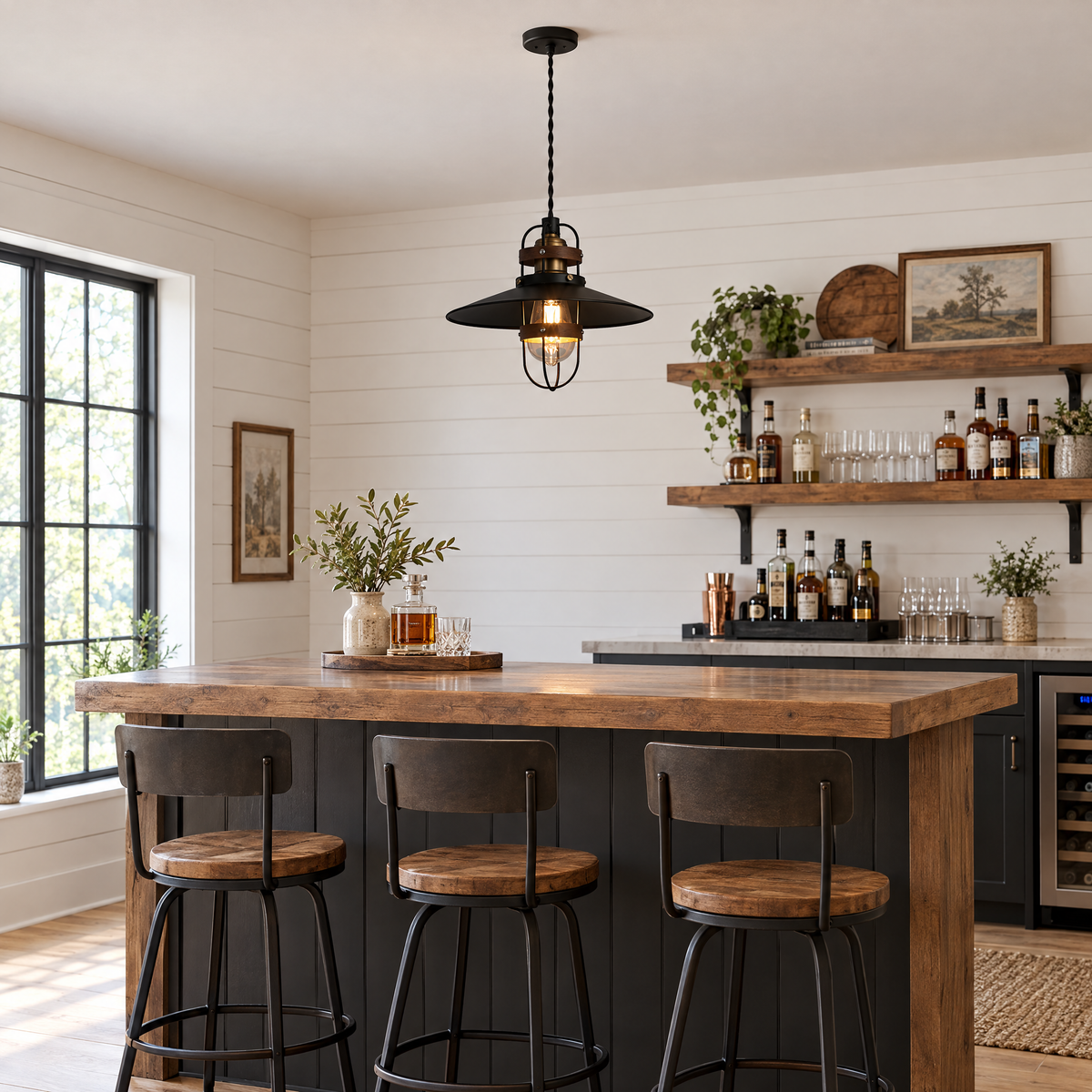 Lavisa - Vintage Iron Farmhouse Pendant Light with Walnut Accents