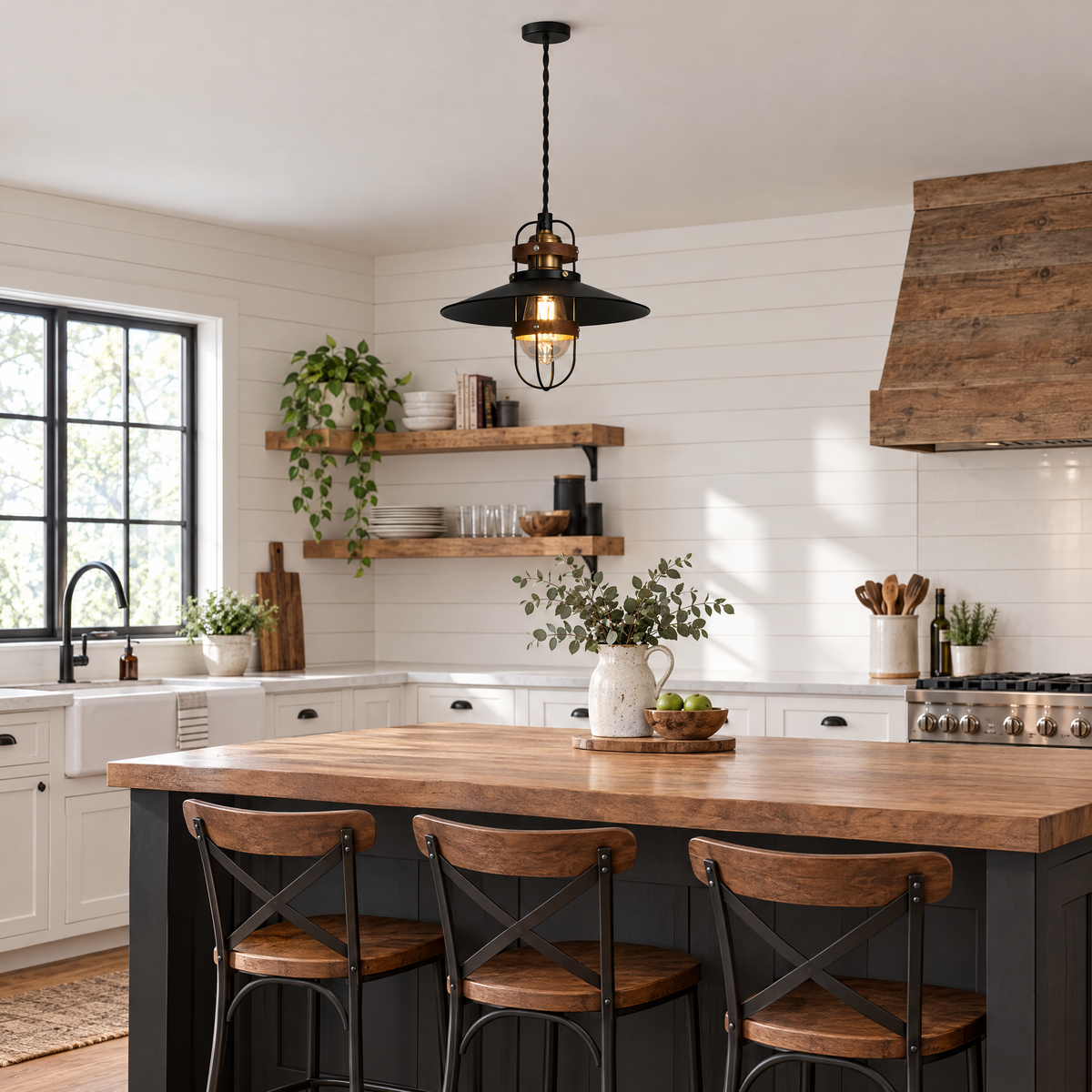 Lavisa - Vintage Iron Farmhouse Pendant Light with Walnut Accents