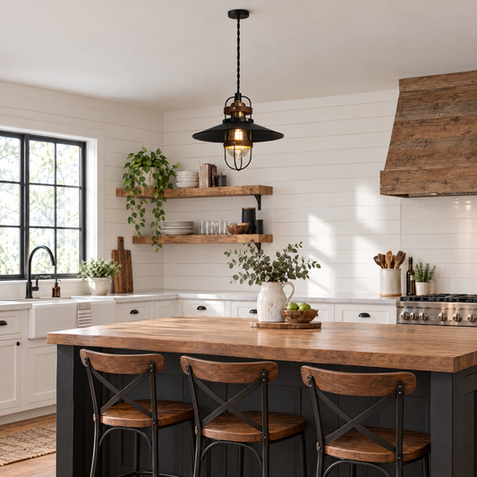 Lavisa - Vintage Iron Farmhouse Pendant Light with Walnut Accents