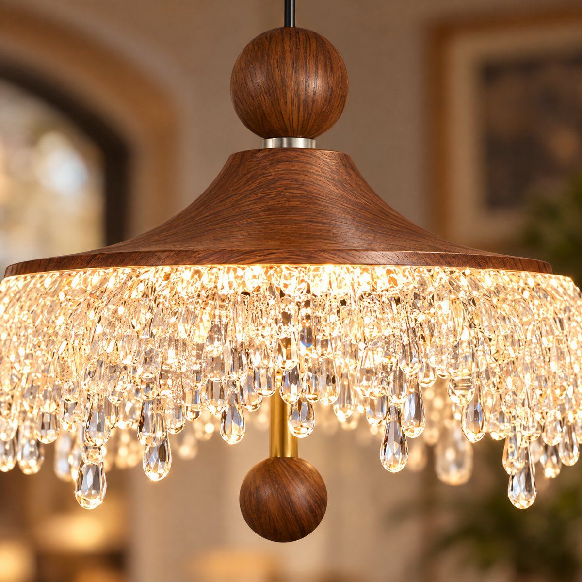 Lavisa - Vintage Walnut Teardrop Pendant Light with Acrylic Drops