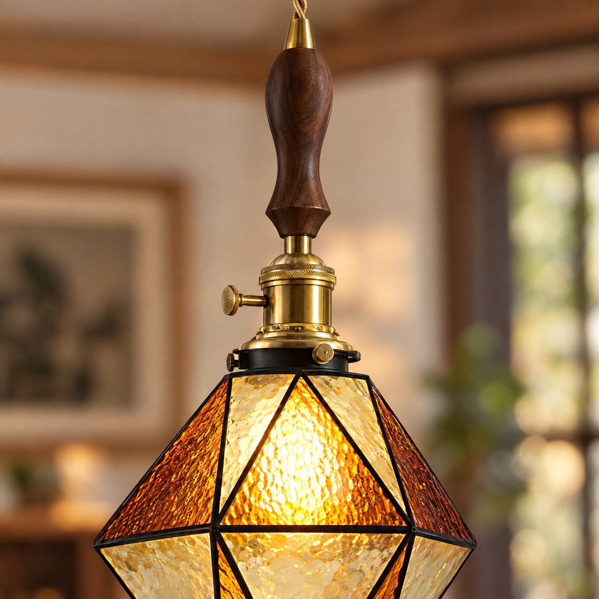 Lavisa - Geometric Diamond Glass Pendant Light with Brass and Wood