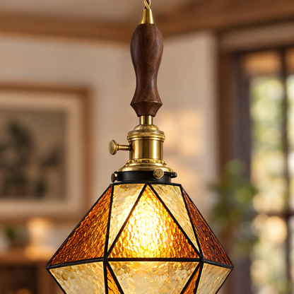Lavisa - Geometric Diamond Glass Pendant Light with Brass and Wood