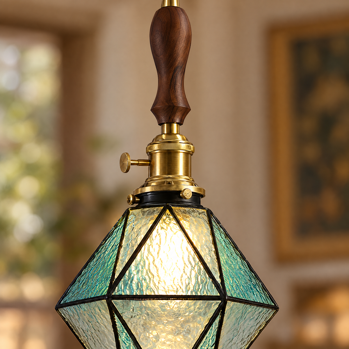 Lavisa - Geometric Diamond Glass Pendant Light with Brass and Wood