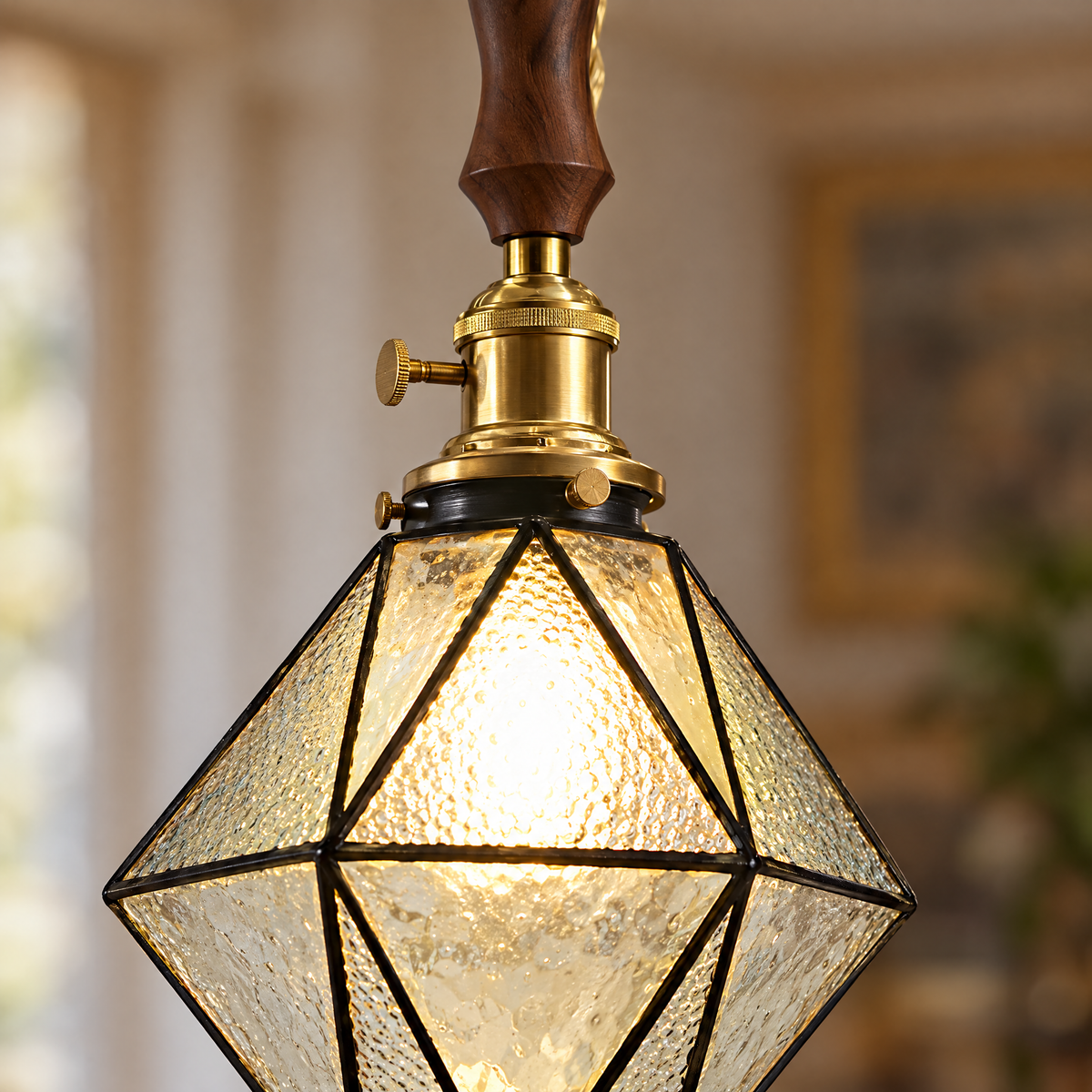 Lavisa - Geometric Diamond Glass Pendant Light with Brass and Wood