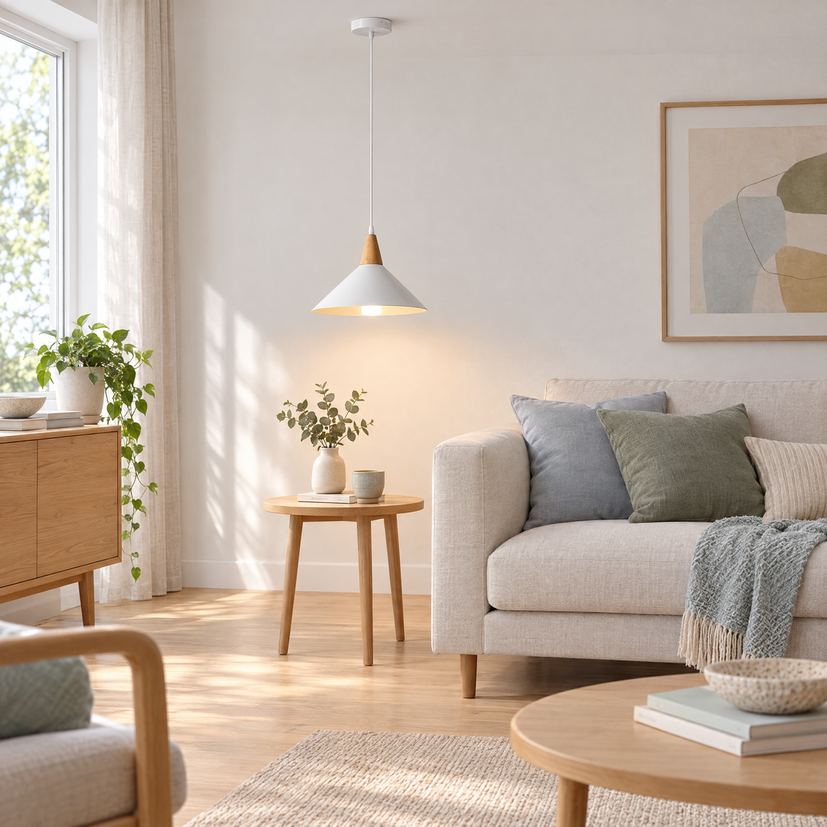 Lavisa - White Cone Pendant Light with Wood Top