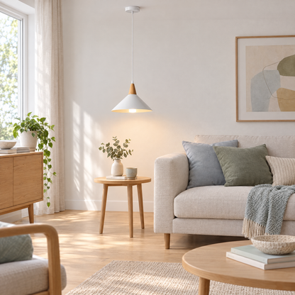 Lavisa - White Cone Pendant Light with Wood Top