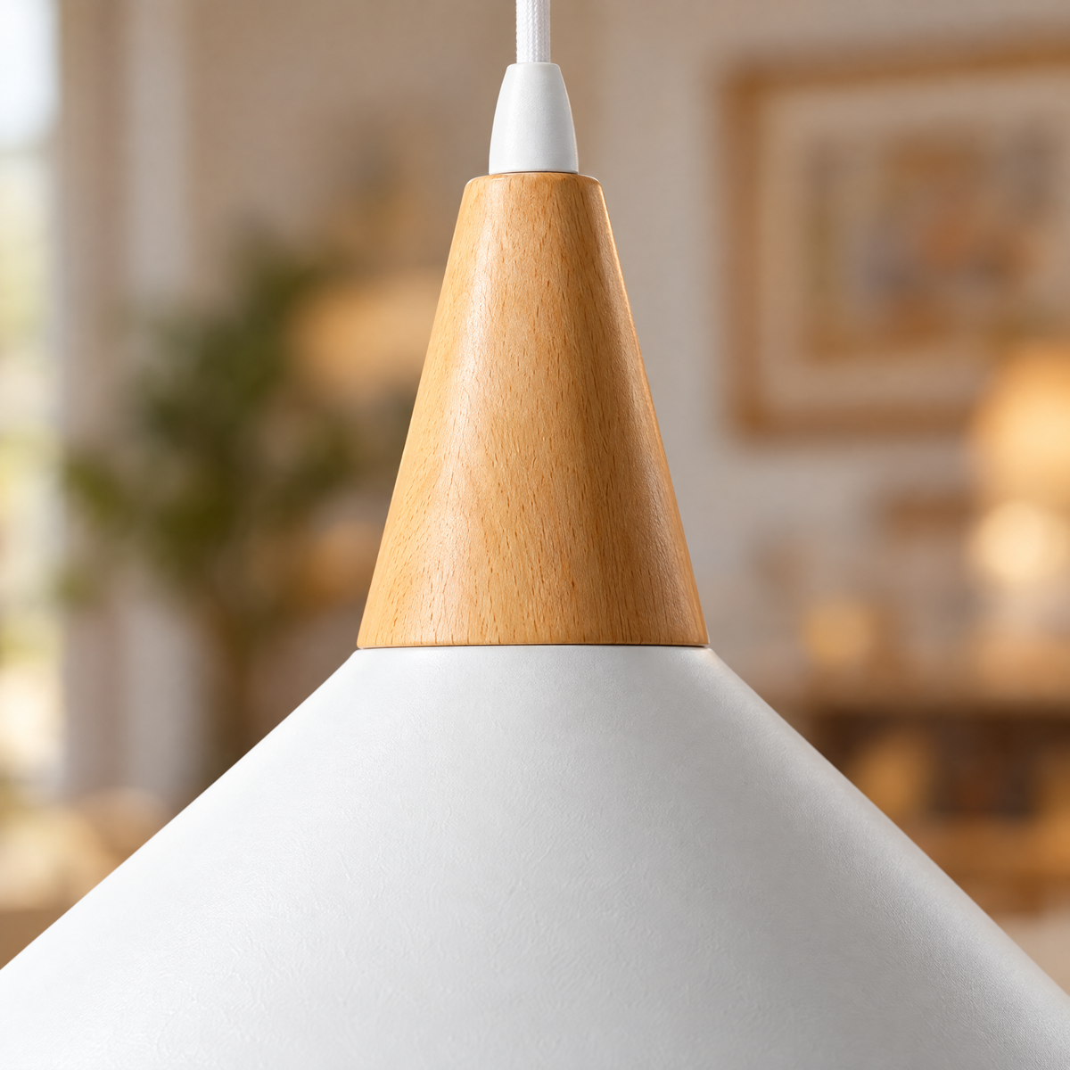 Lavisa - White Cone Pendant Light with Wood Top