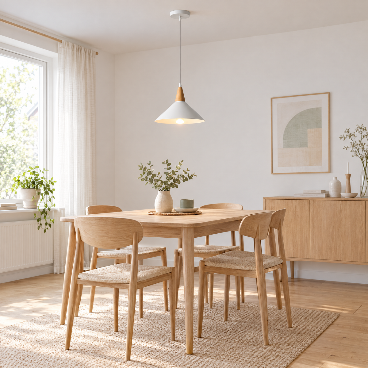 Lavisa - White Cone Pendant Light with Wood Top
