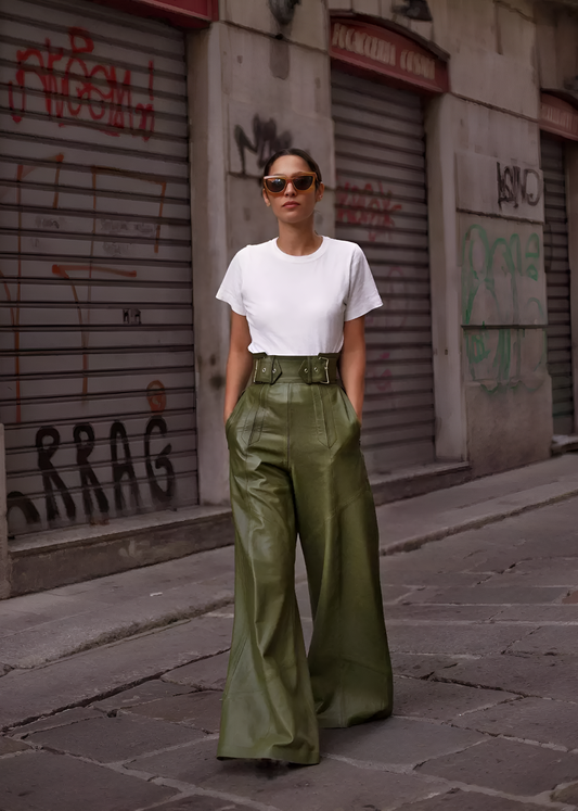 Lavisa - Women's High-Waisted Leather Look Pants - Moto Style Trousers