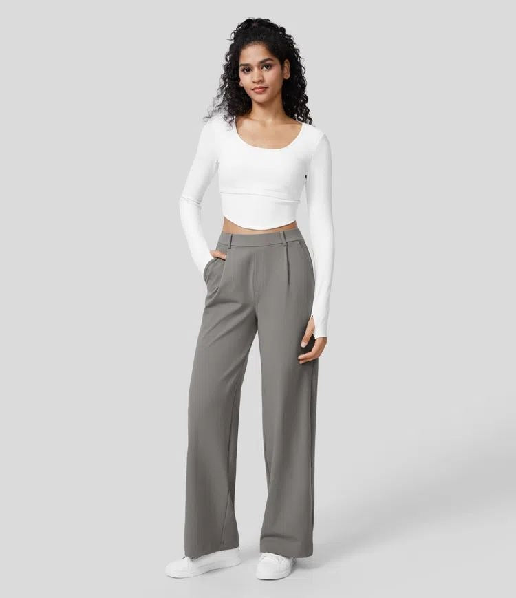 Lavisa - Women's High-Waisted Straight Leg Stretch Pants - Smart Casual Office Trousers